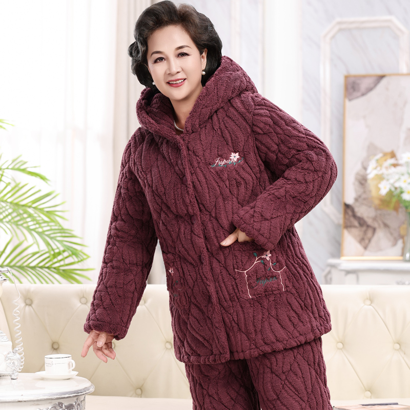 睡衣女秋冬三层加厚夹棉中老年妈妈装棉袄家居服法兰绒套装连帽女