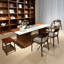 新中式岩板茶桌北美黑胡桃木茶桌椅组合现代轻奢实木茶台定制
