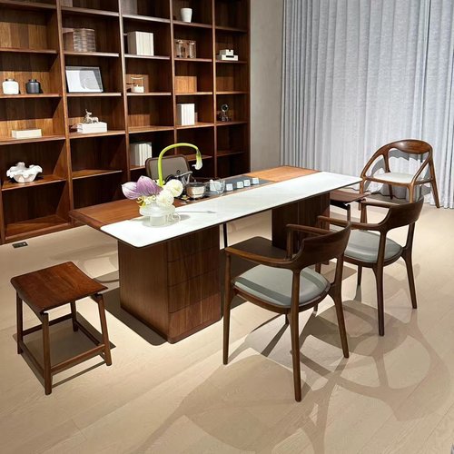 新中式岩板茶桌北美黑胡桃木茶桌