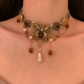 HEY TAO复古美拉德项链女2024新款 重工蝴蝶流苏锁骨链choker腰链