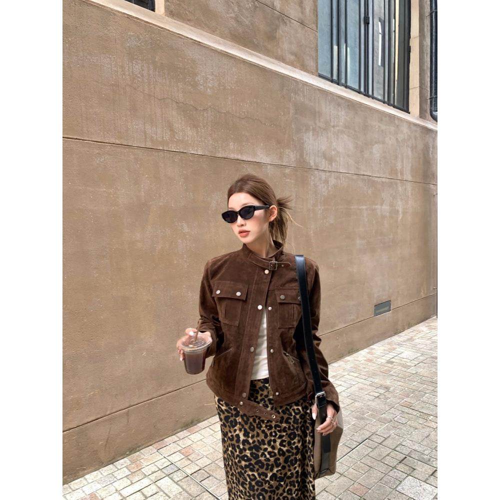 美式覆古咖色立领外套女秋季超好看机车服夹克高级感短款开衫上衣