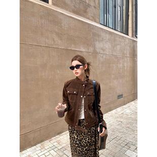 美式覆古咖色立领外套女秋季超好看机车服夹克高级感短款开衫上衣