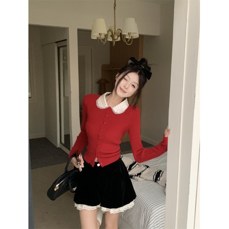 宅女家甜辣妹波点娃娃领针织衫女秋季高腰蕾丝灯笼裤短裤两件套