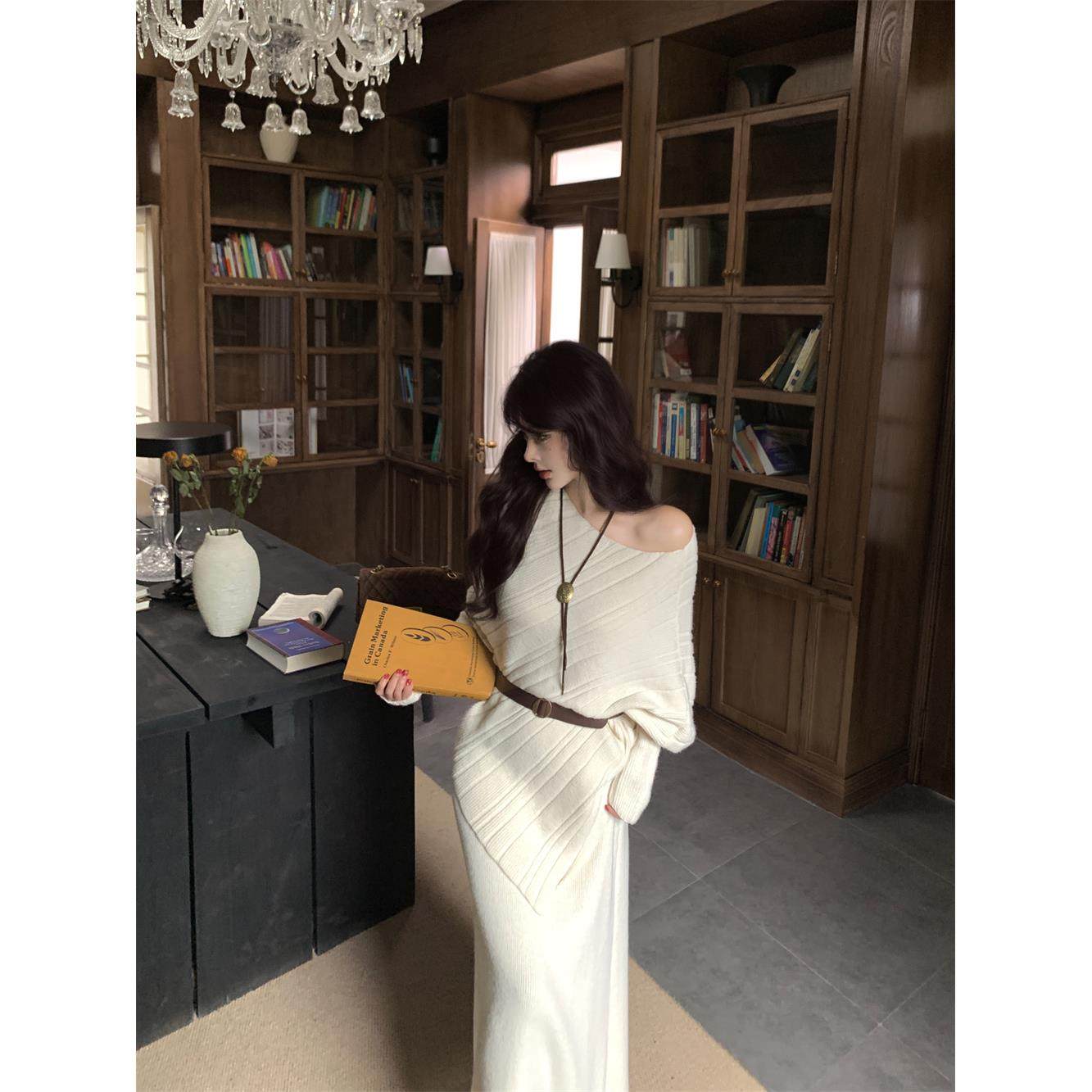 温柔系穿搭不规则杏色斜肩毛衣针织衫女秋季套装鱼尾半身裙两件套