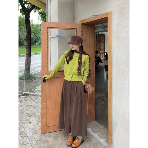 宅女家复古纯色圆领单排扣针织衫女装秋季宽松休闲裤长裤两件套