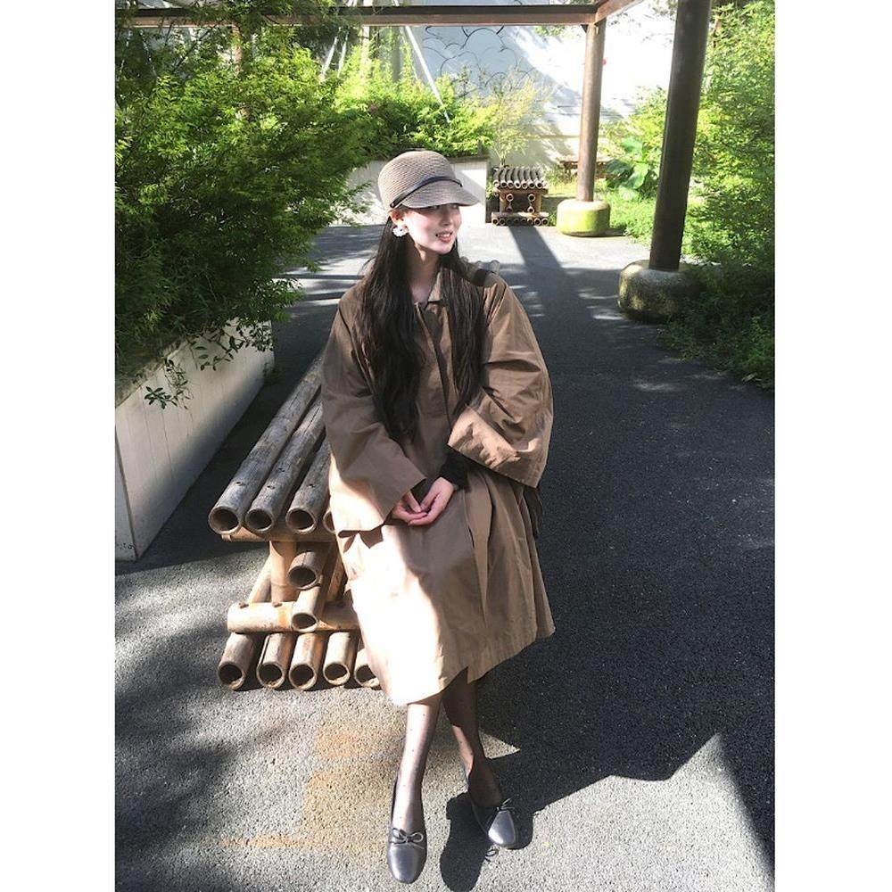 宅女家高级感气质翻领风衣外套女秋季中长款宽松显瘦橄榄绿大衣