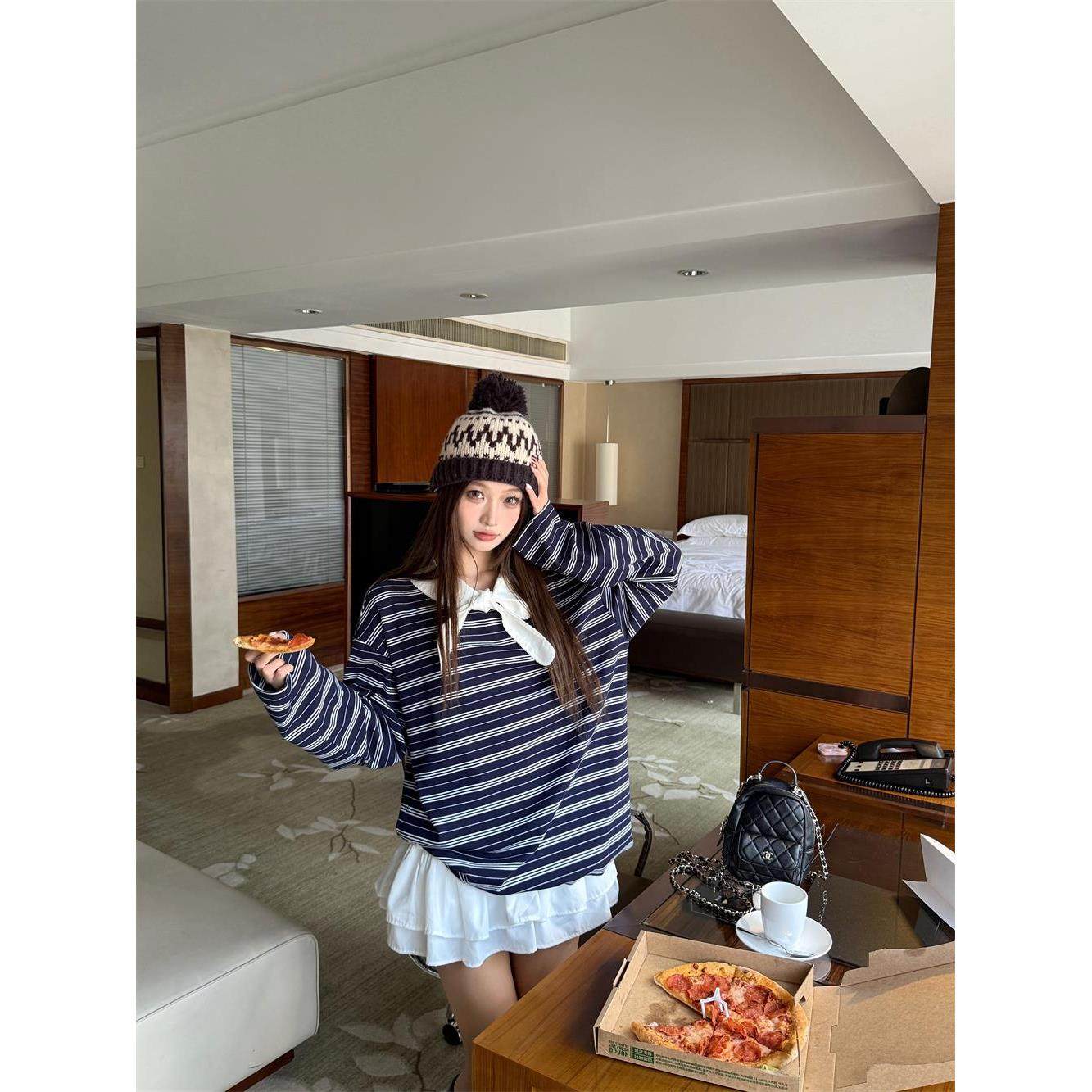 宅女家慵懒风宽松条纹绑带长袖T恤女秋季覆古减龄显瘦休闲上衣