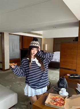 宅女家慵懒风宽松条纹绑带长袖T恤女秋季覆古减龄显瘦休闲上衣