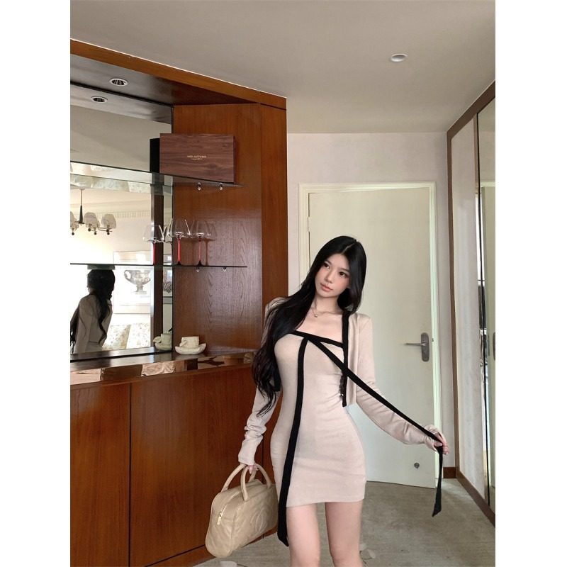 宅女家纯欲风套装短款长袖开衫外套女秋季撞色抹胸连衣裙两件套