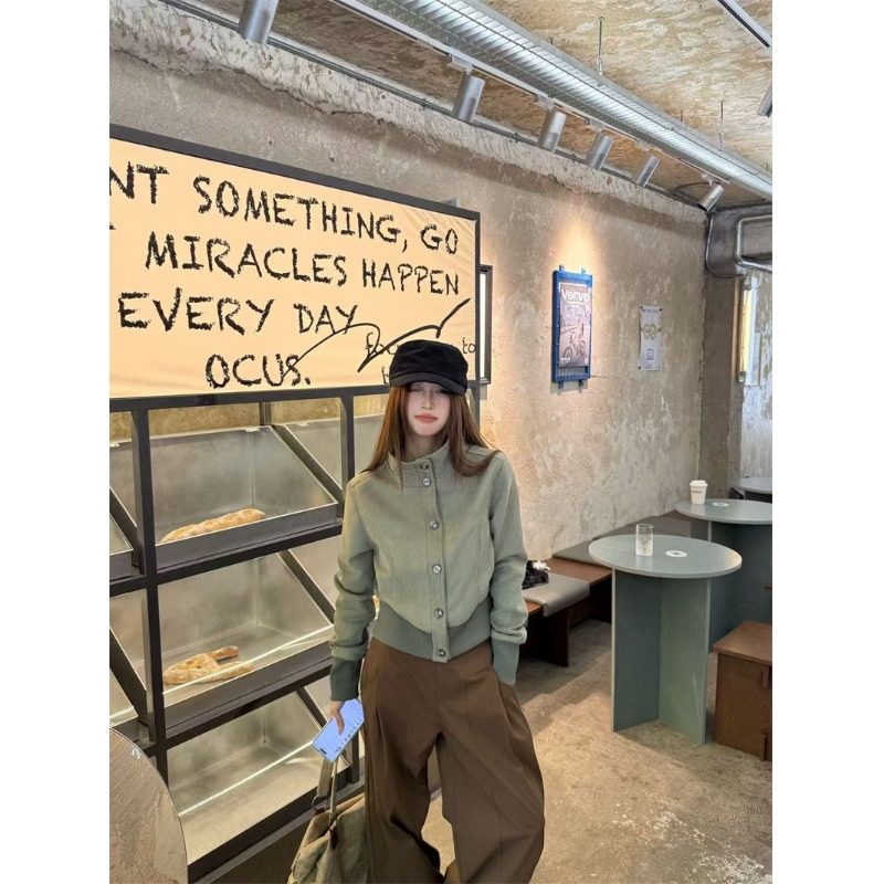 宅女家复古绿灰色单排扣立领长袖外套女装秋季气质显瘦休闲上衣