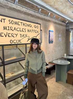 宅女家复古绿灰色单排扣立领长袖外套女装秋季气质显瘦休闲上衣