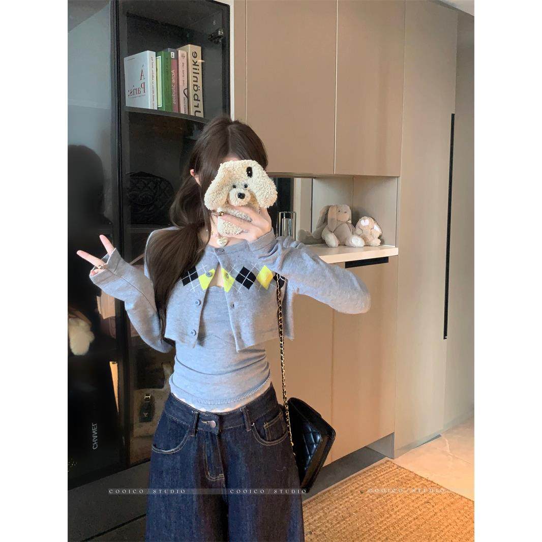 宅女家小众撞色菱格短款针织开衫外套女秋季内搭显瘦背心两件套