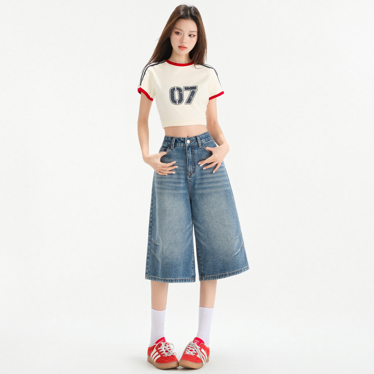 慵懒风裤子春季七分阔腿牛仔裤女美式复古高腰显瘦宽松褶