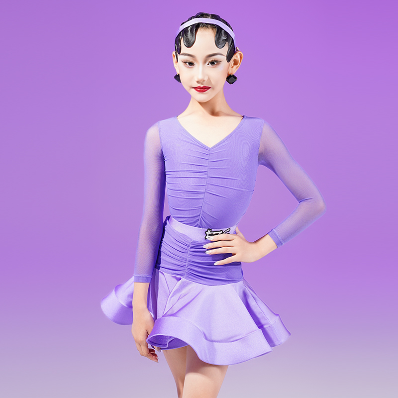 FZS舞服少儿拉丁舞服女高级感网纱褶皱练功服舞蹈裙紫色粉色女童