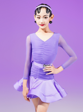 FZS舞服少儿拉丁舞服女高级感网纱褶皱练功服舞蹈裙紫色粉色女童
