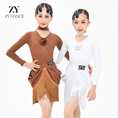 ZYdance冬季新款拉丁舞服女童专业表演出练功服压花流苏网红套装