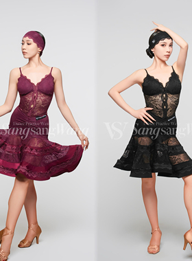 sswang舞服女士拉丁舞桑老师葡萄紫镂空蕾丝吊带V腰大裙摆练习服