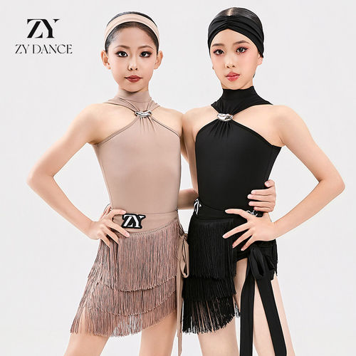 ZYDANCE夏季儿童拉丁舞服女童高领流苏练功专业比赛演出分体套装