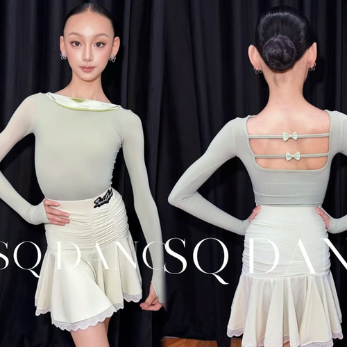 SQ舞服少儿拉丁舞秋冬长袖露背褶皱套装练习服女童缎面蝴蝶跳舞