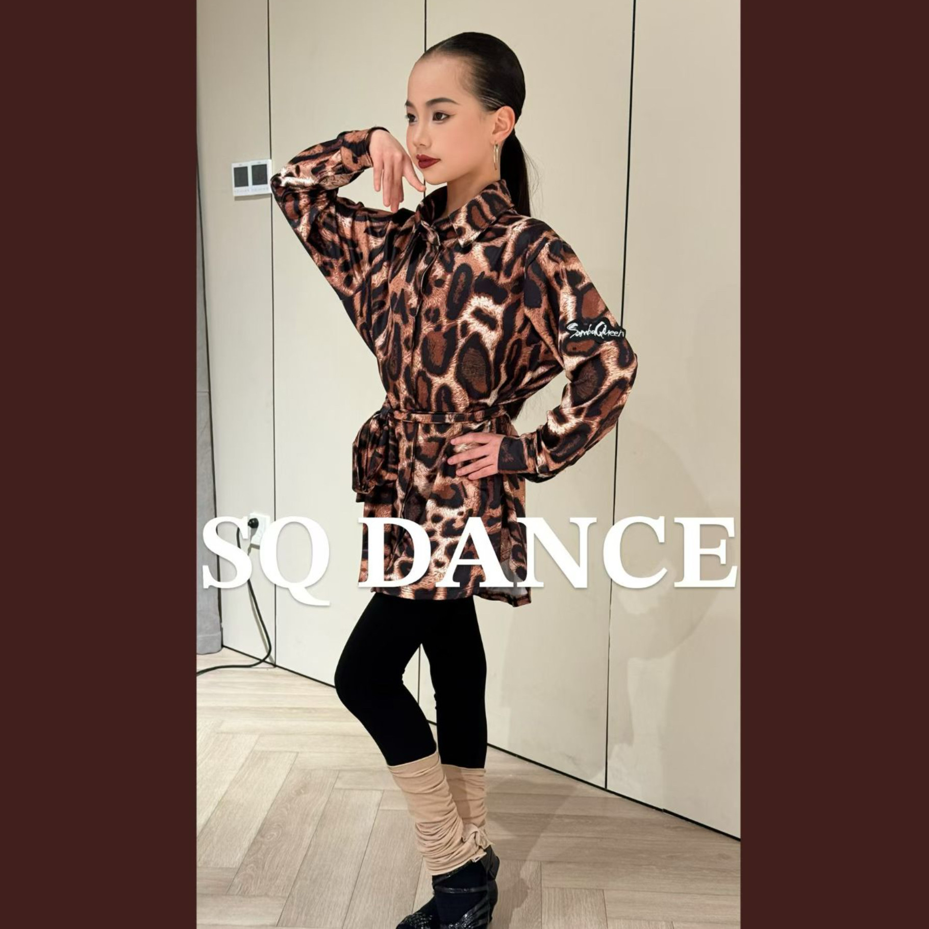 SQ舞服少儿拉丁舞宽松豹纹长衫腰带女童跳舞外搭显瘦练习服衬衫