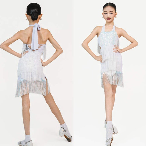 FZS舞服少儿拉丁舞马兰格格春夏亮片流苏挂脖腰部镂空练习服女童