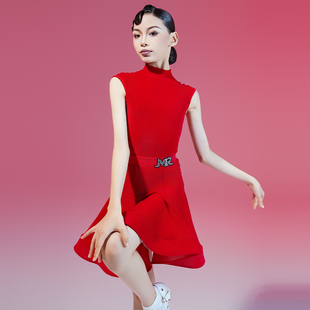 MR舞服FZS舞服少儿拉丁舞半高领连肩短袖丝绒赛服红色坎袖规定服