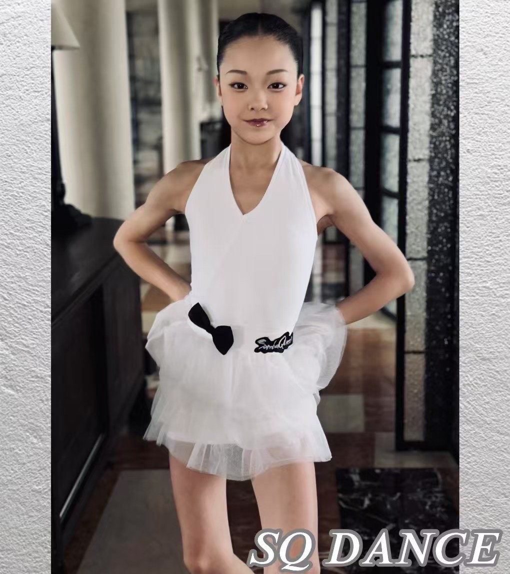 SQ舞服少儿拉丁舞山茶花春夏白月光蓬蓬蛋糕挂脖练习服女童跳舞