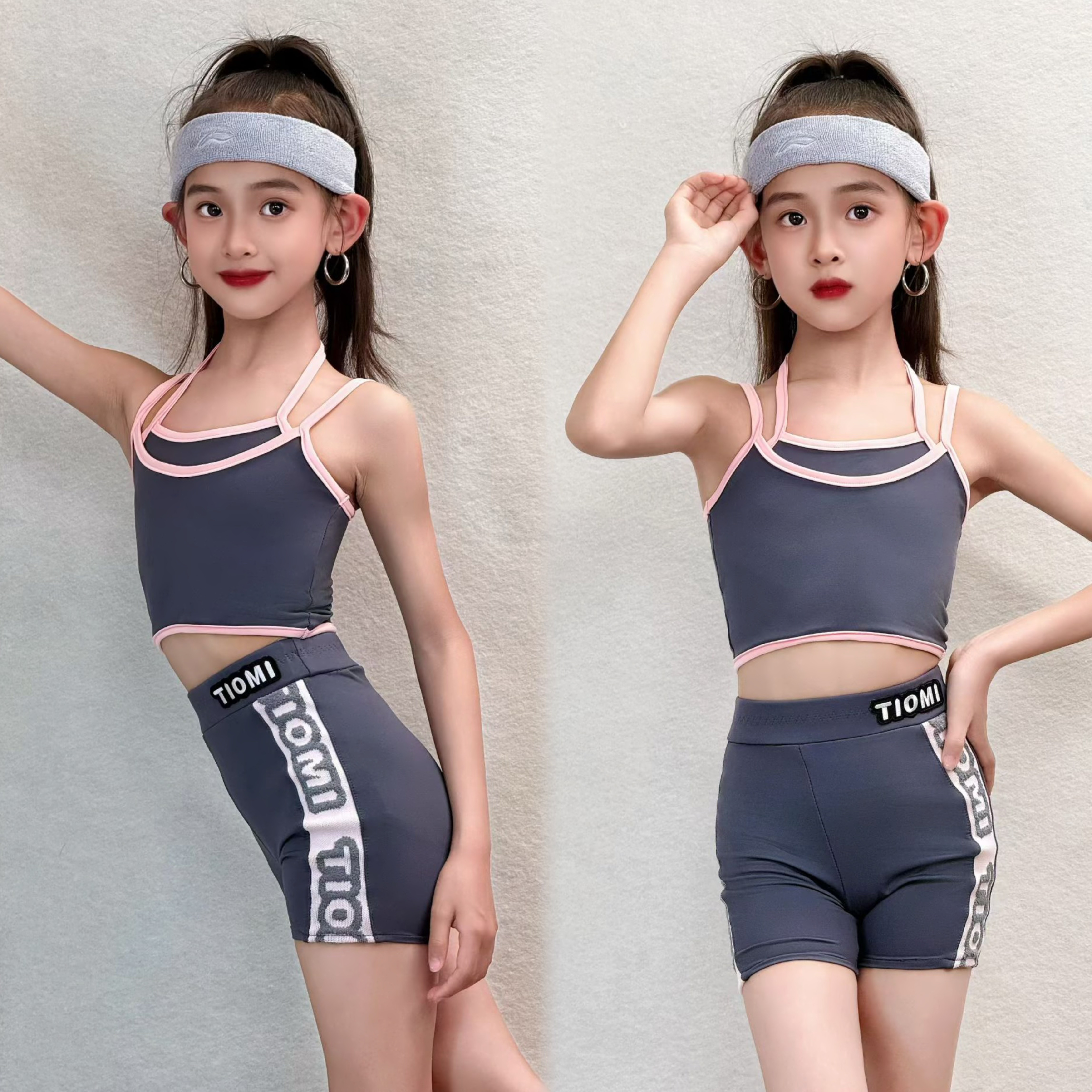 Tiomi舞服少儿拉丁舞女童夏季短裤吊带灰色粉色套装练功服裤子