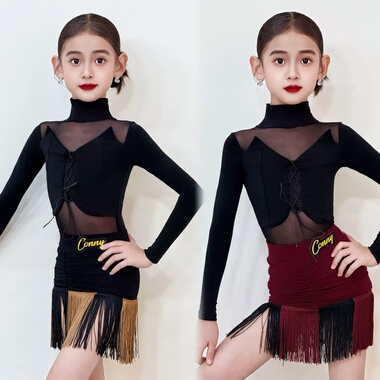 CONNY跳舞蹈练功服女儿童拉丁舞套装网纱假两件长袖上衣流苏裙子