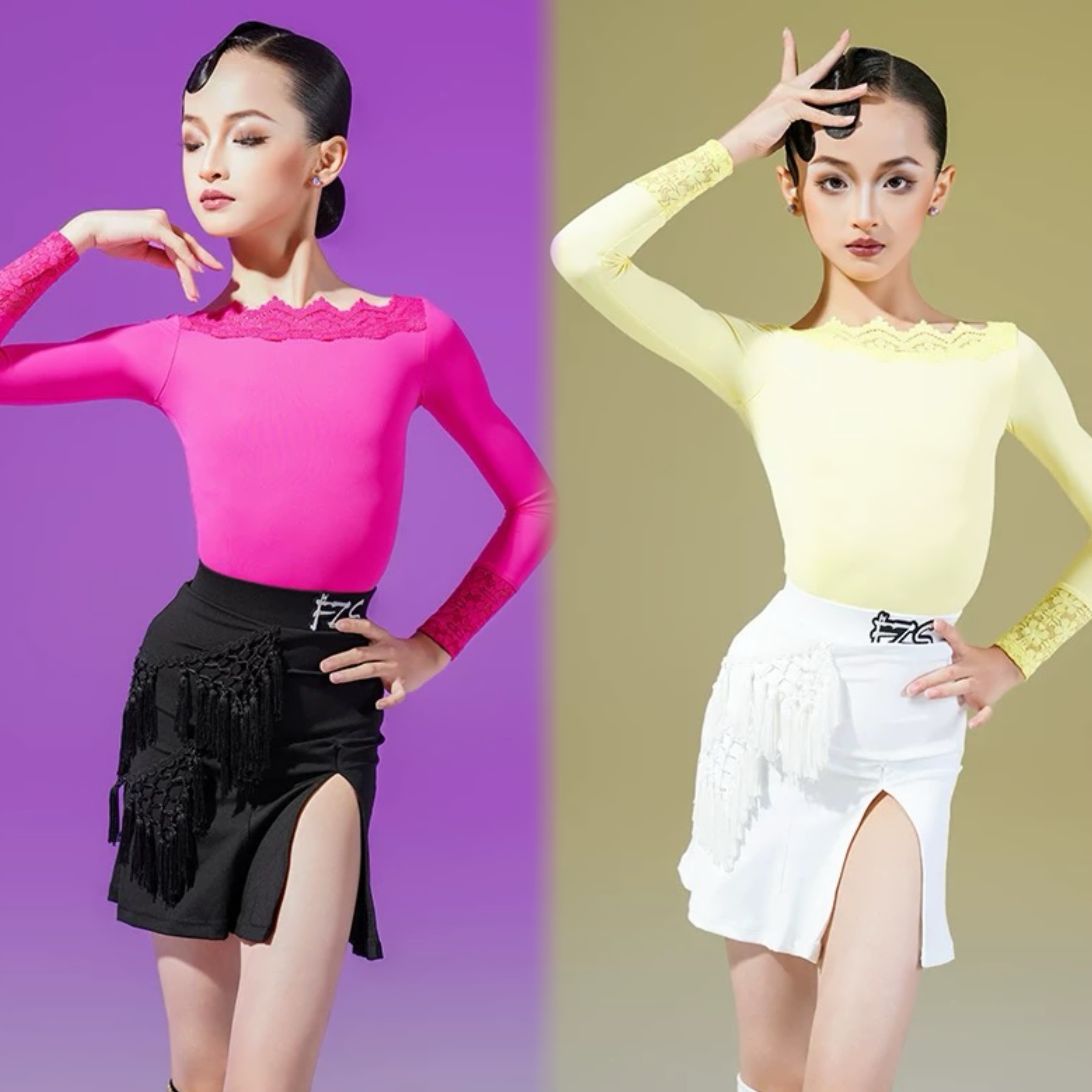 FZS DANCE L316拉丁舞练功服蕾丝花边上衣 编织流苏开叉裙 浅黄色
