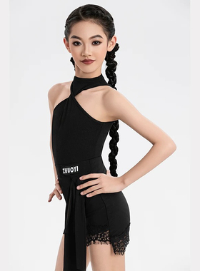 卓艺少儿拉丁舞服2025春夏女童挂脖扭结黑色包臀裙套装练习服