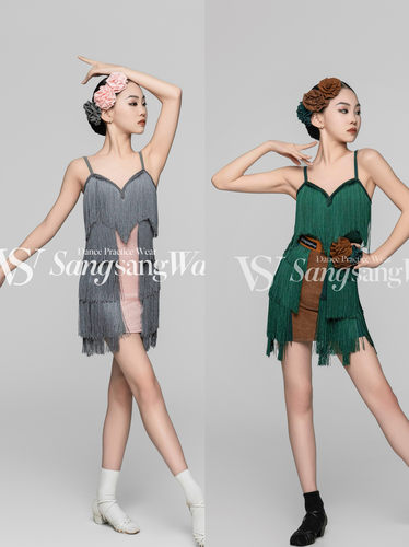 sswang舞服少儿拉丁舞撞色吊带蕾丝流苏连衣裙女童跳舞恰恰练习服