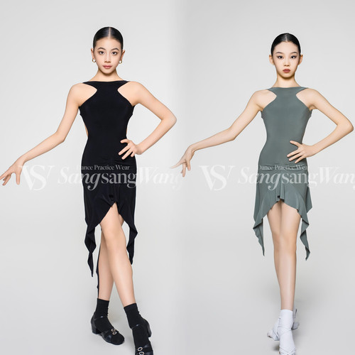 sswang少儿拉丁舞春夏大漏背飘逸连衣裙练习服绿色挂脖女童跳舞