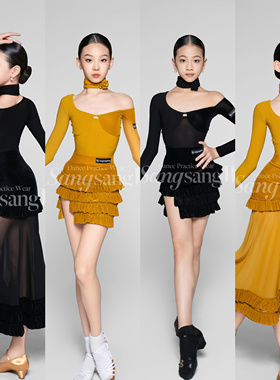 sswang少儿拉丁舞秋冬丝绒长袖花朵露肩蛋糕优雅练习服摩登舞跳舞