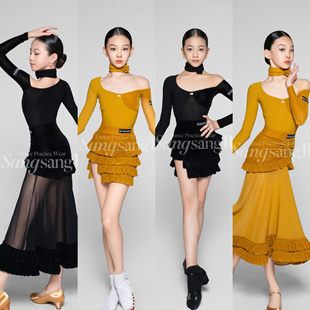 sswang少儿拉丁舞秋冬丝绒长袖花朵露肩蛋糕优雅练习服摩登舞跳舞