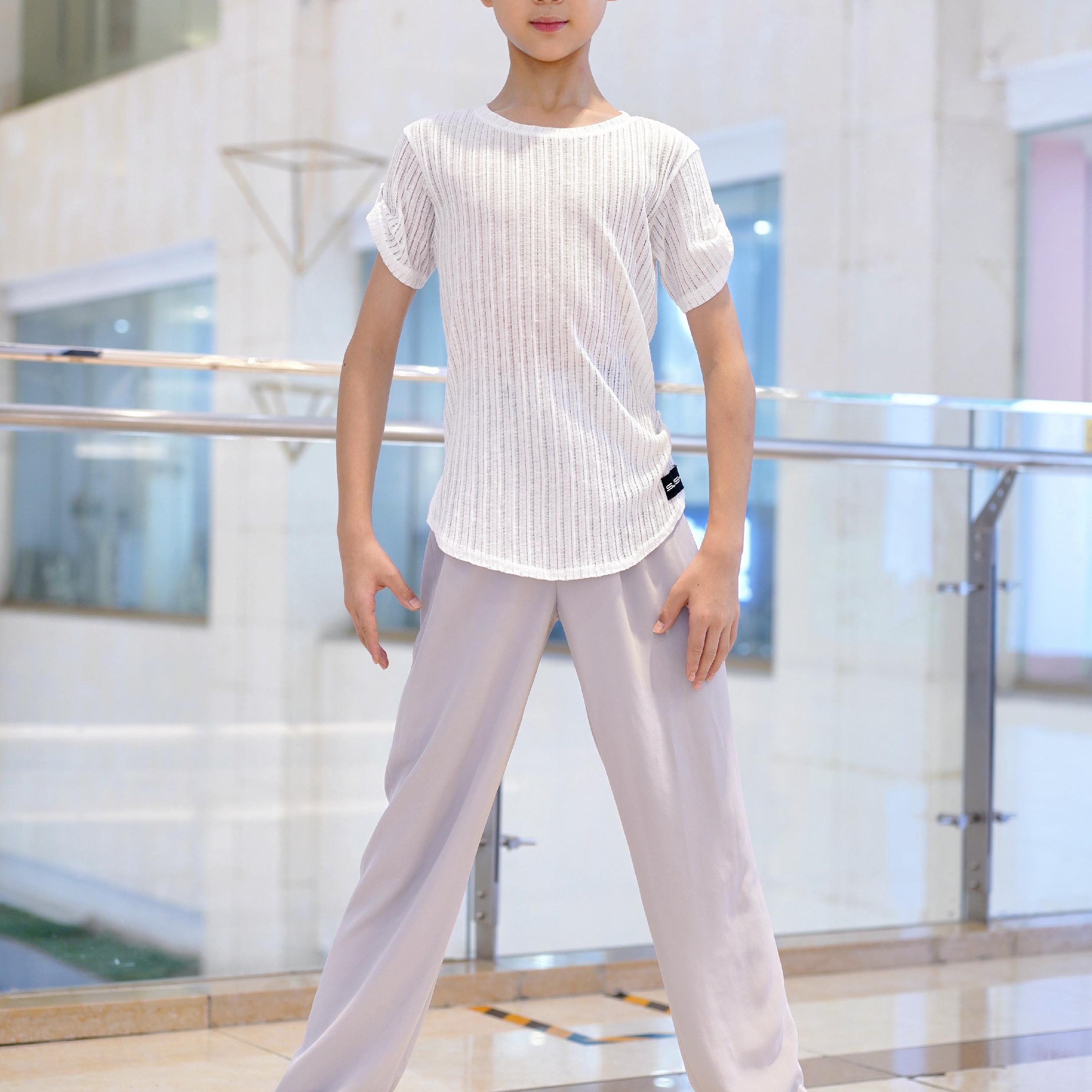 盛佳舞服拉丁舞男生休闲T透气练功服上衣雪花针织条