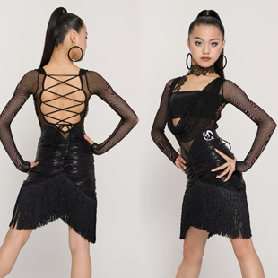 MQ苗子舞服少儿拉丁舞网纱兜兜包臀流练习服长袖露跳舞恰恰女童