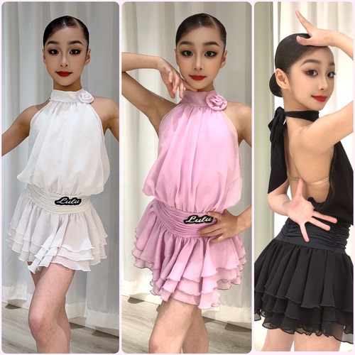 LULU舞服少儿拉丁舞2026夏季兜兜摆荡领荷挂脖练习服套装女童跳舞