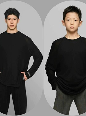 sswang拉丁舞男生黑色双层错位圆领上衣基础款练习服男童长袖