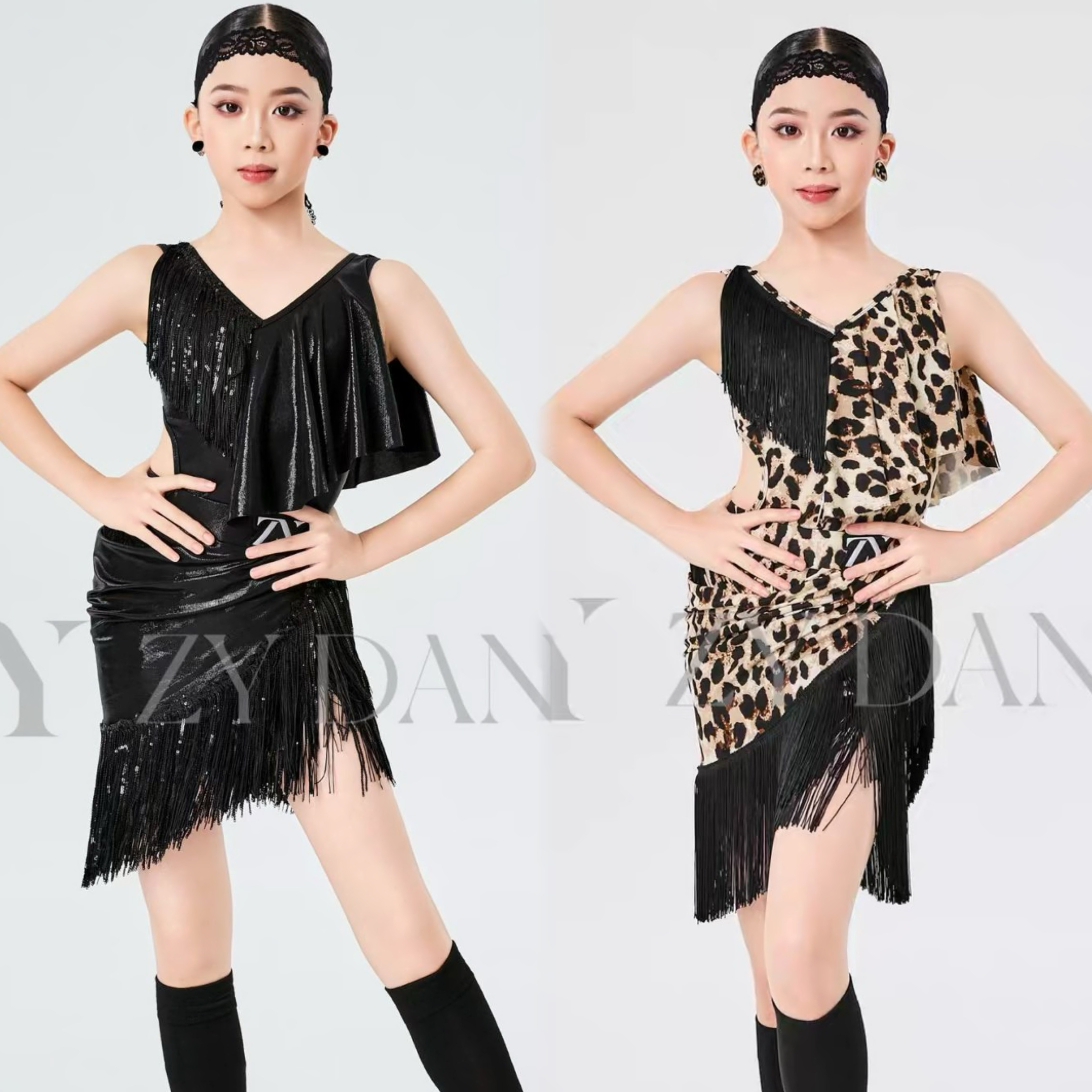 ZY舞服AMS少儿拉丁舞服新品夏季练功服豹纹飘逸流苏裙练习服女童