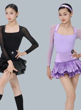 R原创设计舞服秋冬闪光百褶方领网纱包臀跳舞练习服女童紫色表演
