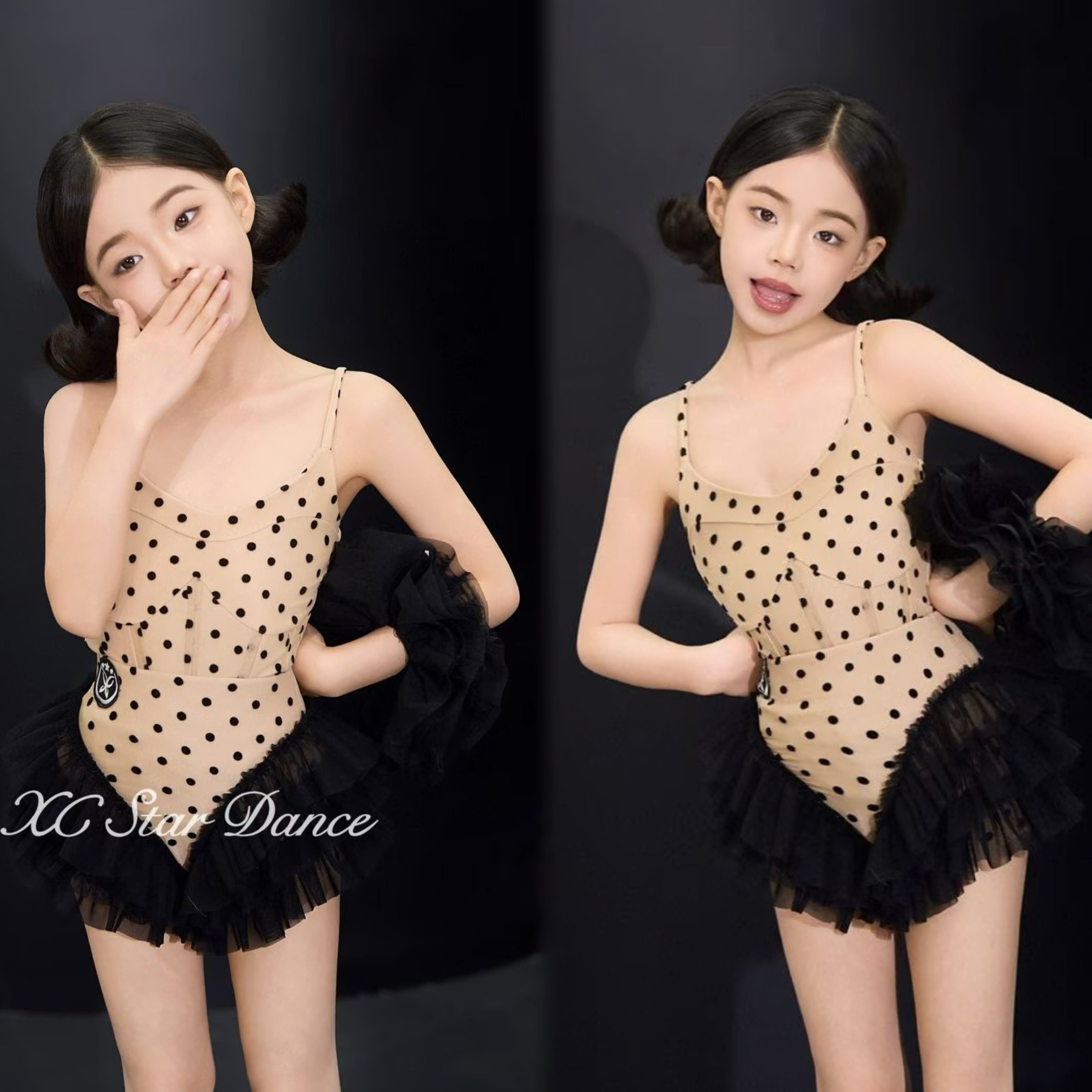 星辰拉丁舞服「波点芭蕾」奶茶波点儿童拉丁舞练功服夏季女童