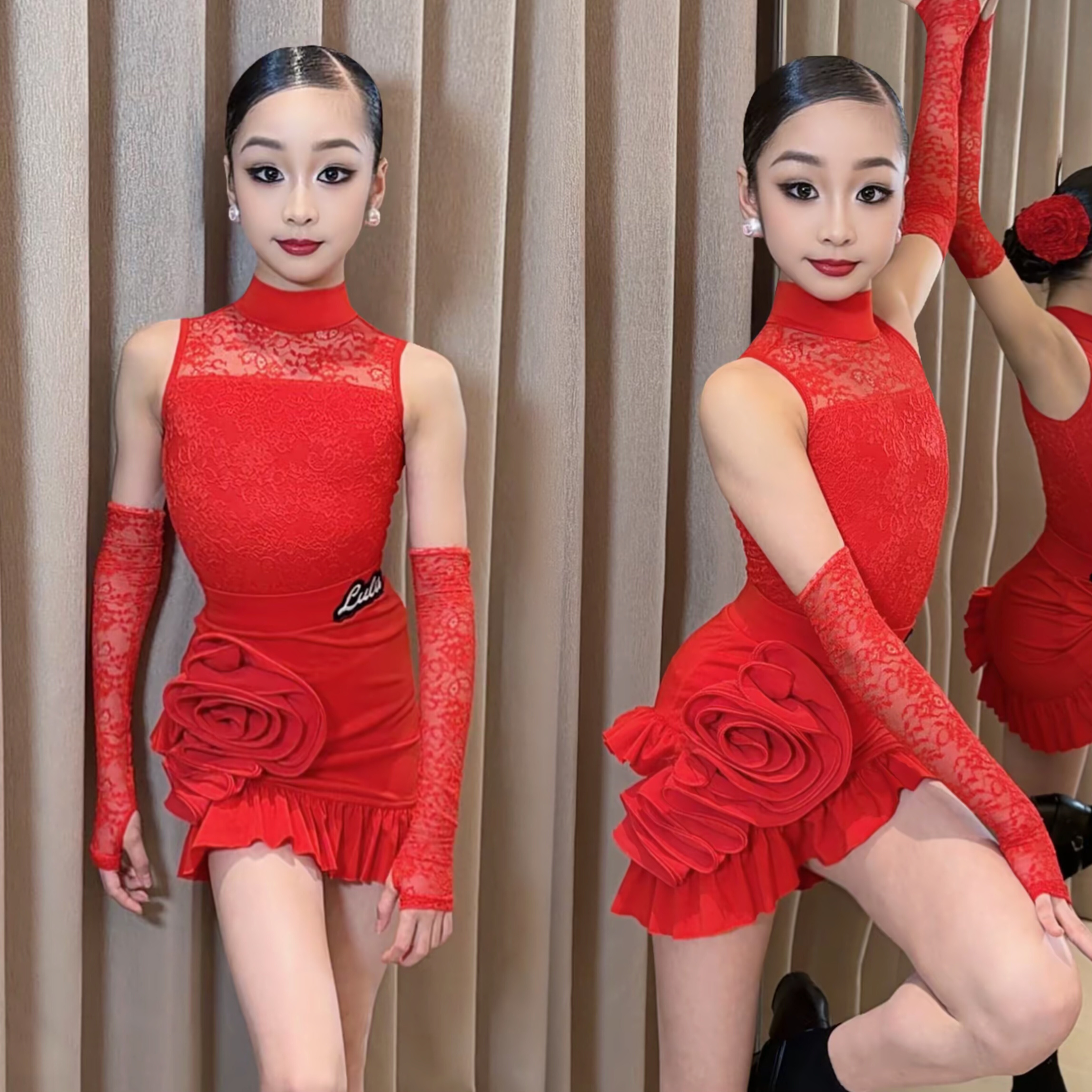 Lulu舞服少儿拉丁舞红色蕾丝花朵表演服新年过年圣诞元旦跨年女童