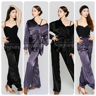 sswang舞服少儿拉丁舞桑老师丝绸系带两穿衬衫长裤练习服外搭