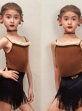 TOP爆款少儿拉丁舞春夏短款咖色吊带荷叶边黑色流苏表演练功服
