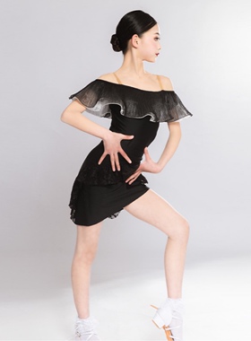 Jacks国标少儿拉丁舞夏季黑色网纱边吊带女童恰恰伦巴牛仔练习服