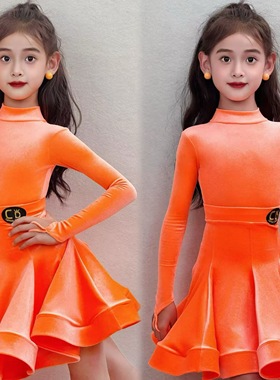Top舞服少儿拉丁舞秋冬丝绒橙色亮色比赛服规定服跳舞专业女童