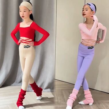 SQ舞服少儿拉丁舞秋冬新年红色粉色裤装短上衣交叉袜套发带练习服