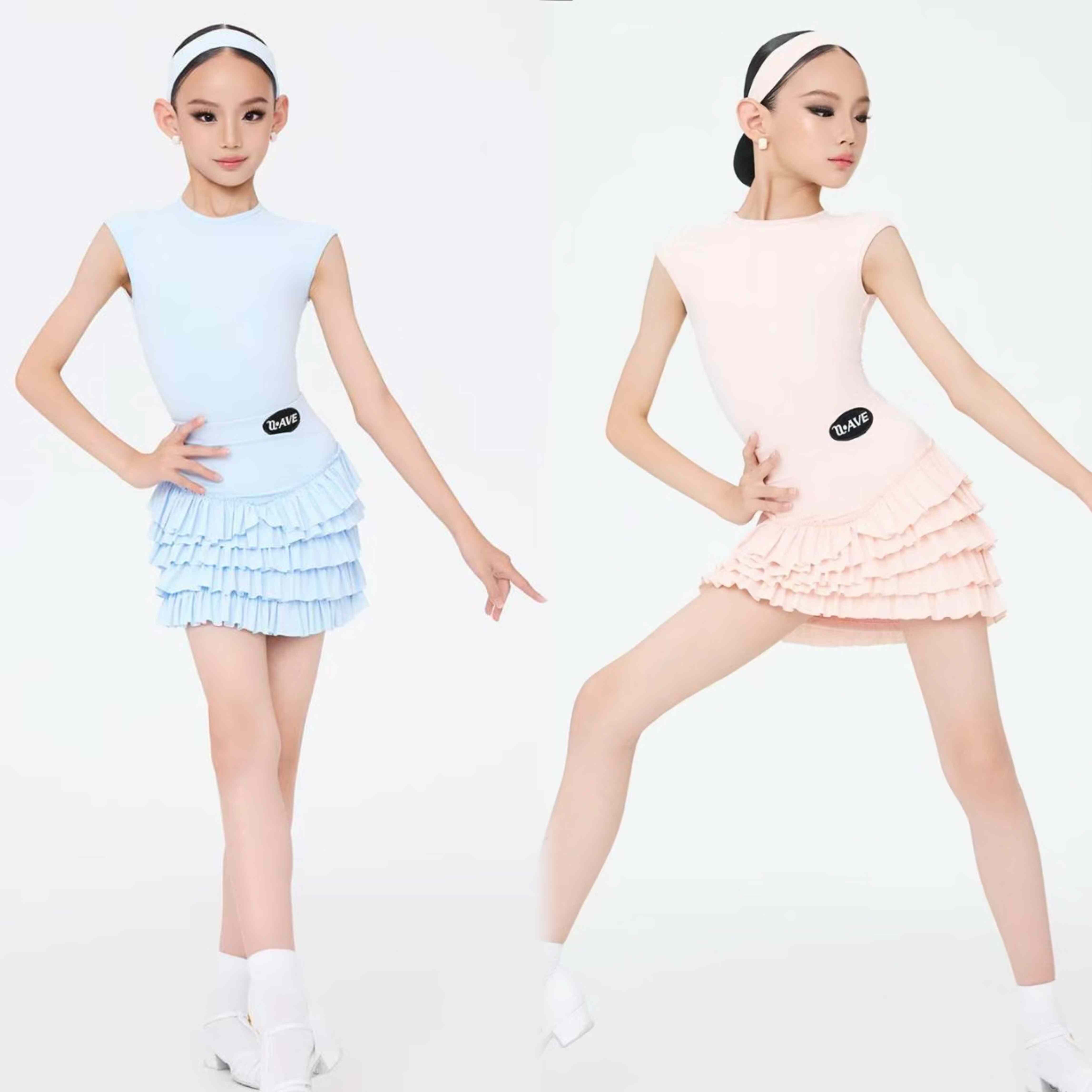 wave未午舞服少儿拉丁舞夏季马卡龙套装蛋糕无袖练习服跳舞粉蓝色