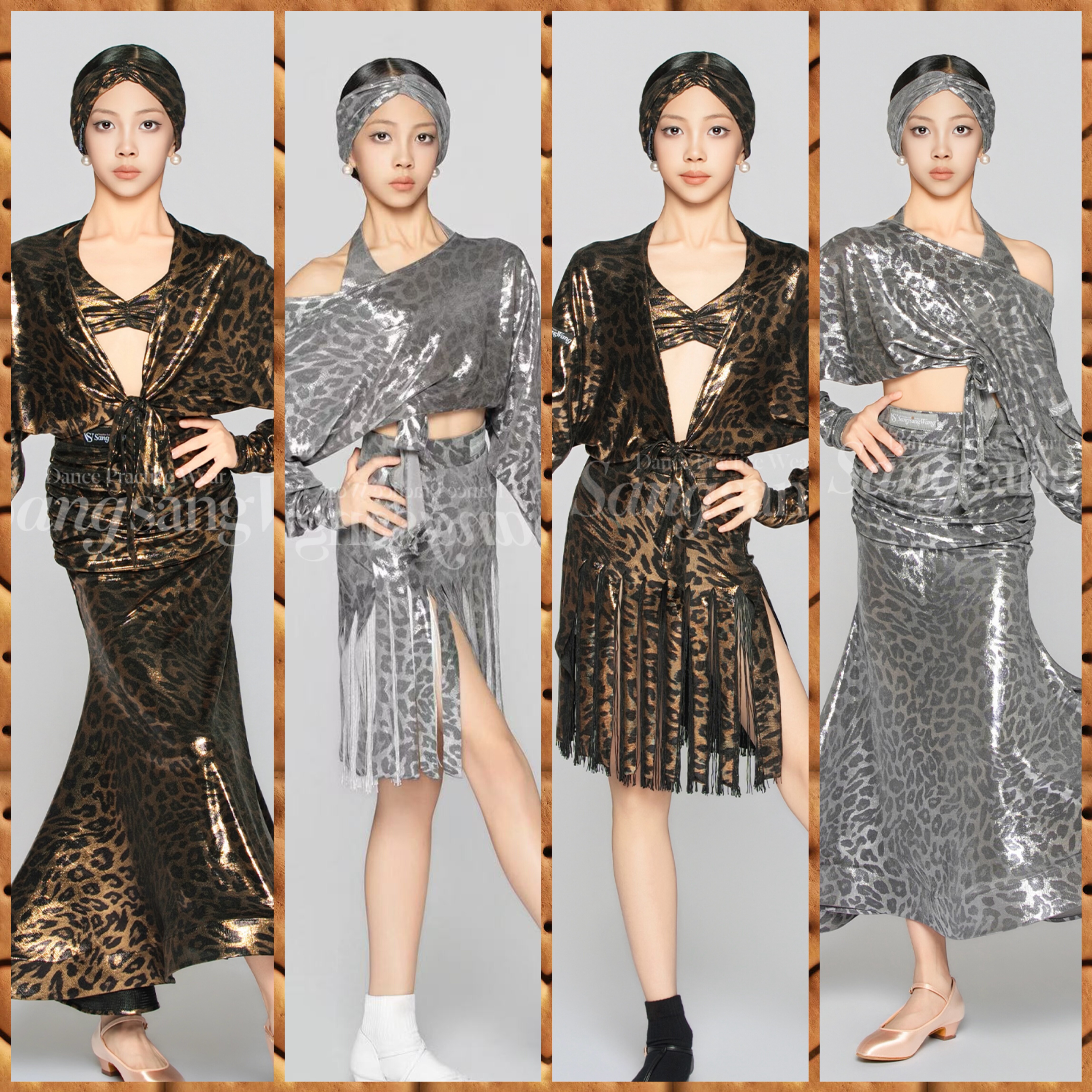 sswang舞服少儿拉丁舞闪光豹纹挂脖两穿系带宽松长袖摩登练习服
